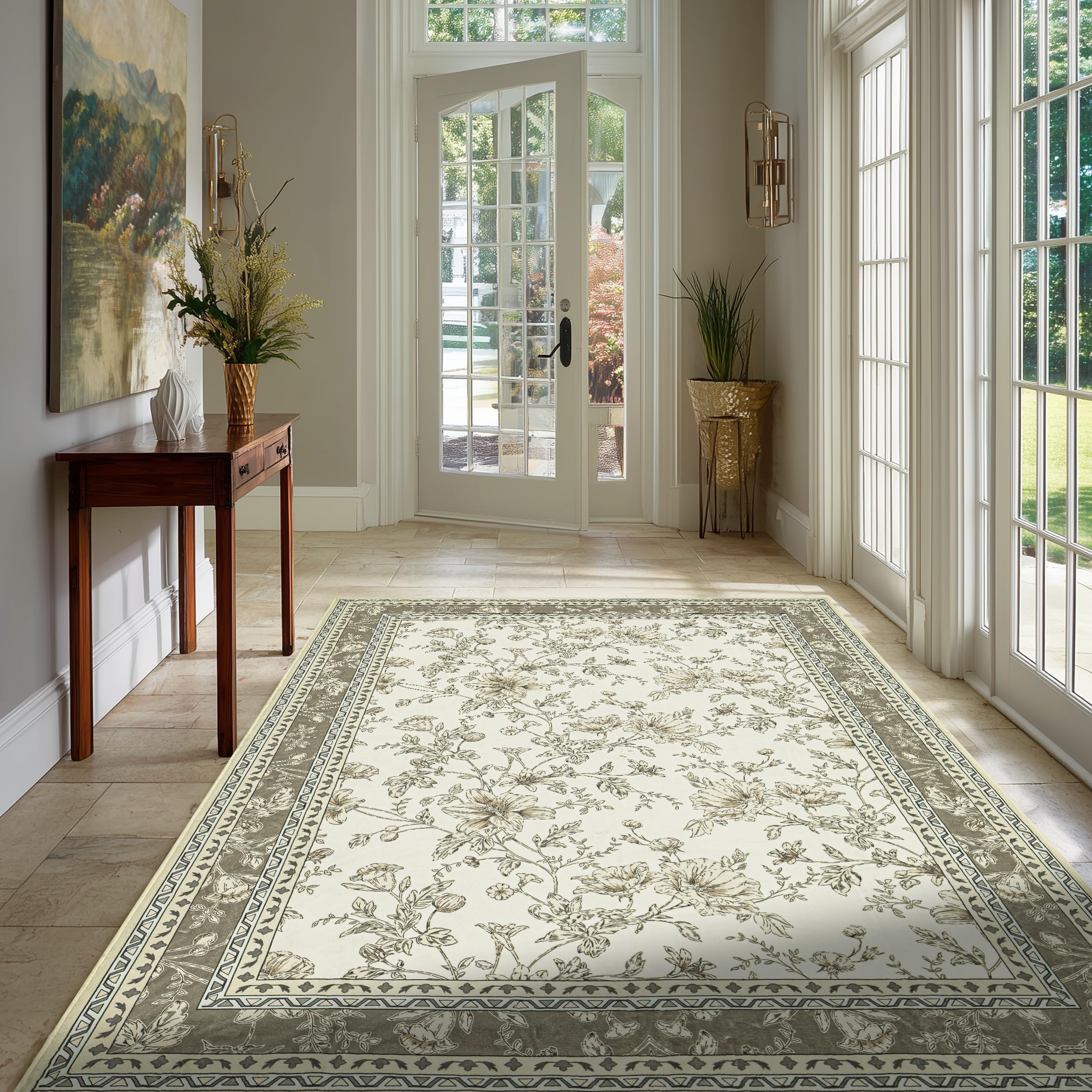 Tapis bohème lavable 122x183 rustique moderne marron clair pour salon
