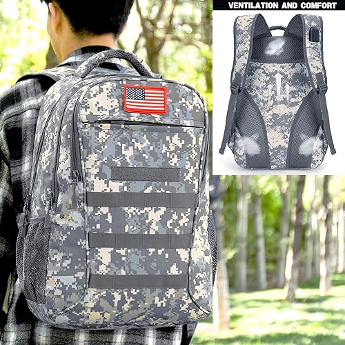 Miniatura 8 de outdoor plus Mochila de camuflaje, mochilas militares para niños para la escuela con puerto USB, bolsa de libros militar de 40L con puerto de carga