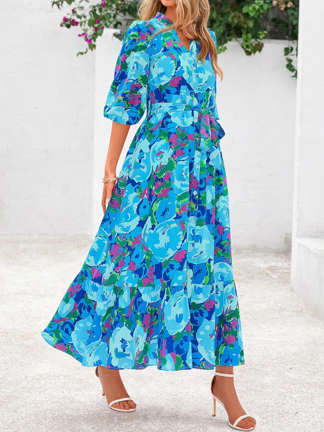 MASCOMODA Womens Floral Maxi Dresses Boho Summer Casual V Neck 3/4 Puff Sleeve Button Down Tie Waist Long Flowy Shirt Dress - Image 3