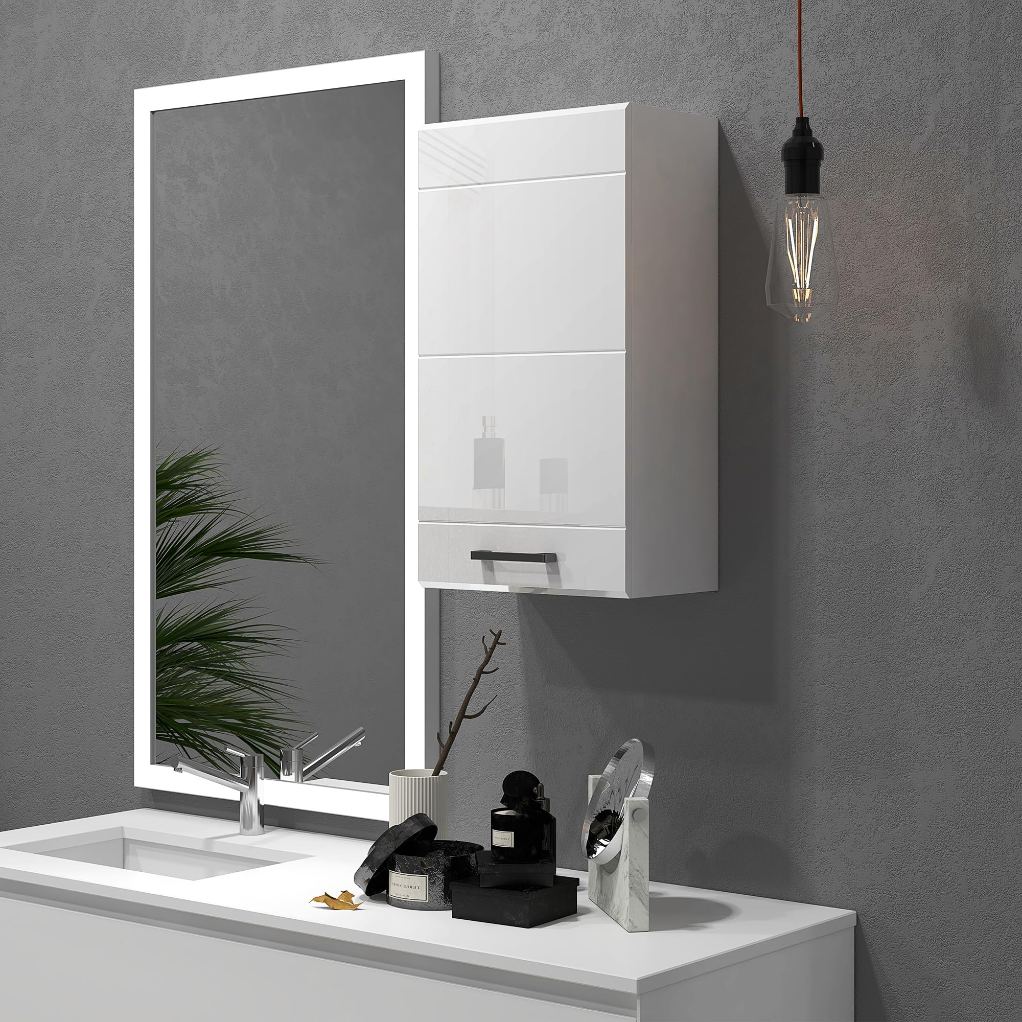 kleankin Armoire Murale de Salle de Bain, Placard de Rangement Toilette 3 Niveaux, étagère réglable, 1 Porte, Moderne, Armoire Suspendue, 37 x 22,5 x 70 cm, Blanc Haut Brillant