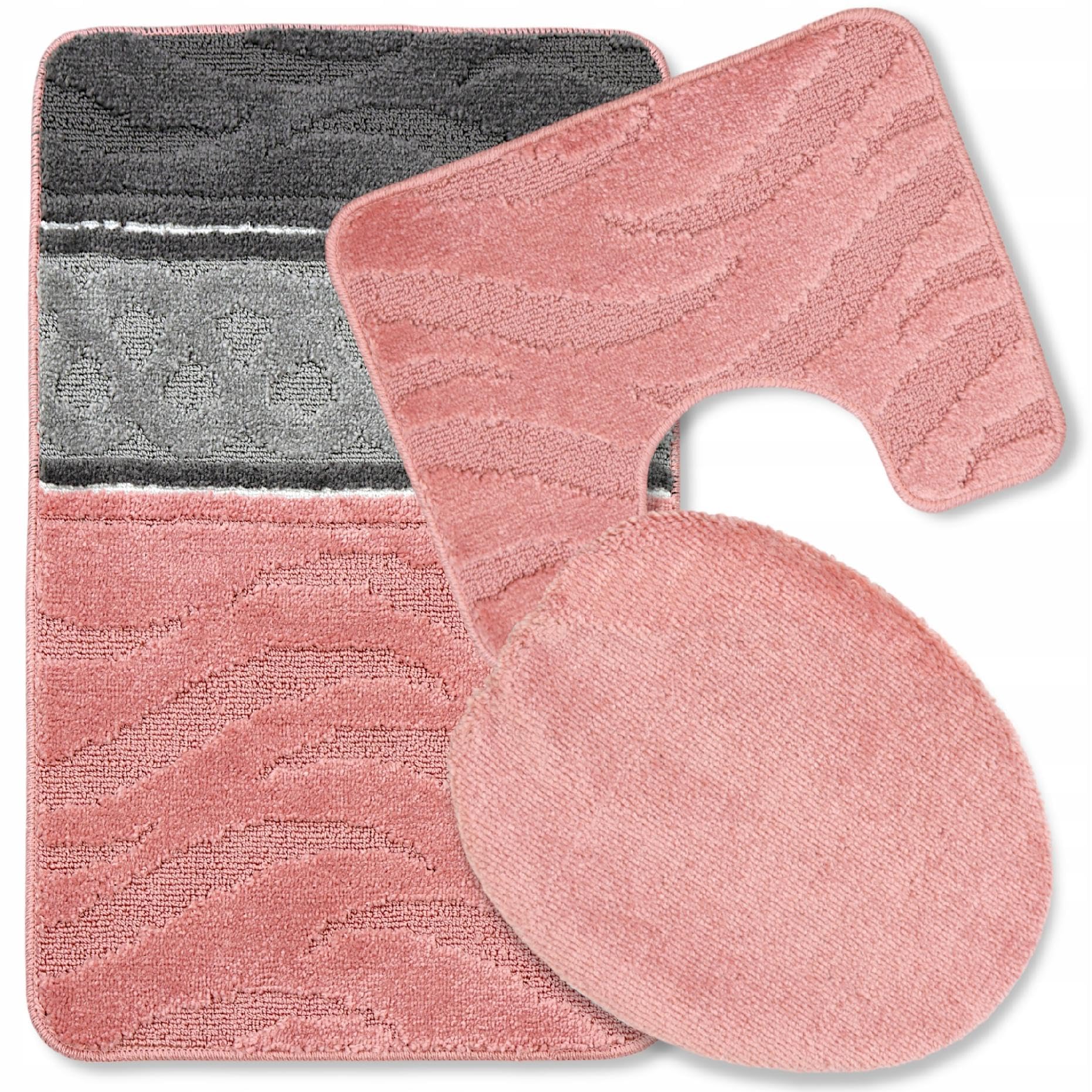 Badteppich Set 3-TLG. Rosa & Grau – rutschfest & Weich, Badematte für Badezimmer Teppich 50x80 cm & 50x40 cm - Ideal für Fußbodenheizung