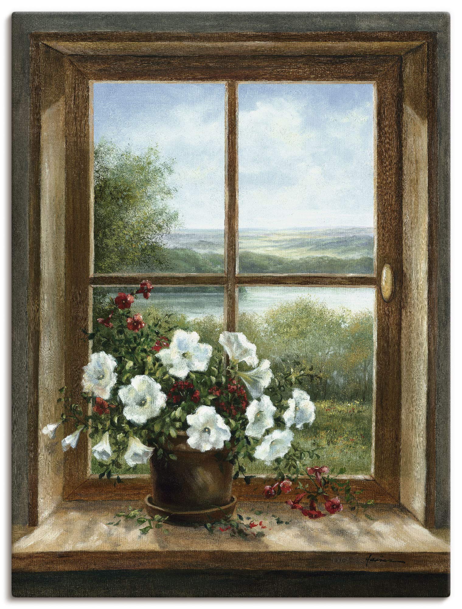 ARTLAND Wanddeko Leinwand Bilder Wandbild 60x80 cm Fensterblick Blumen Fenster Landschaft Natur Stillleben Botanik Kunst T5ZB