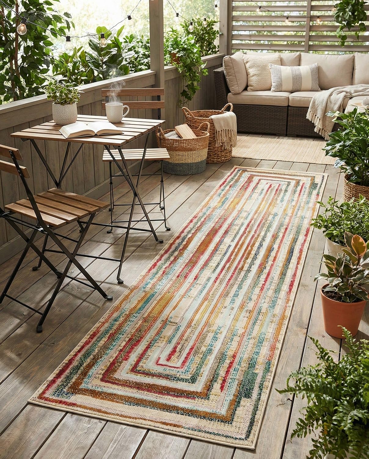 Rugs.com Outdoor Casablanca Collection Rug – 12 Ft Runner Multi Beige Low-Pile Rug Perfect for Hallways, Entryways