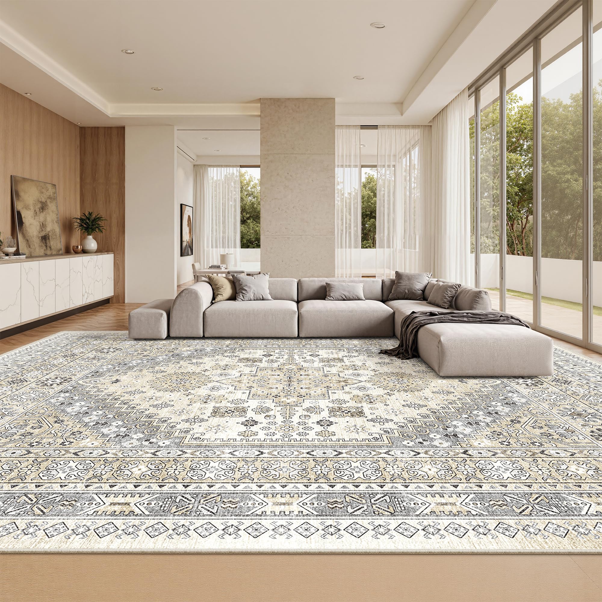 zesthome 10x14 Area Rugs,Stain Resistant Washable Rug,Ultra-Thin Rugs for Living Room,Bedroom,Non-Slip Backing Home Decor Large Area Rug (Beige,10'x14')