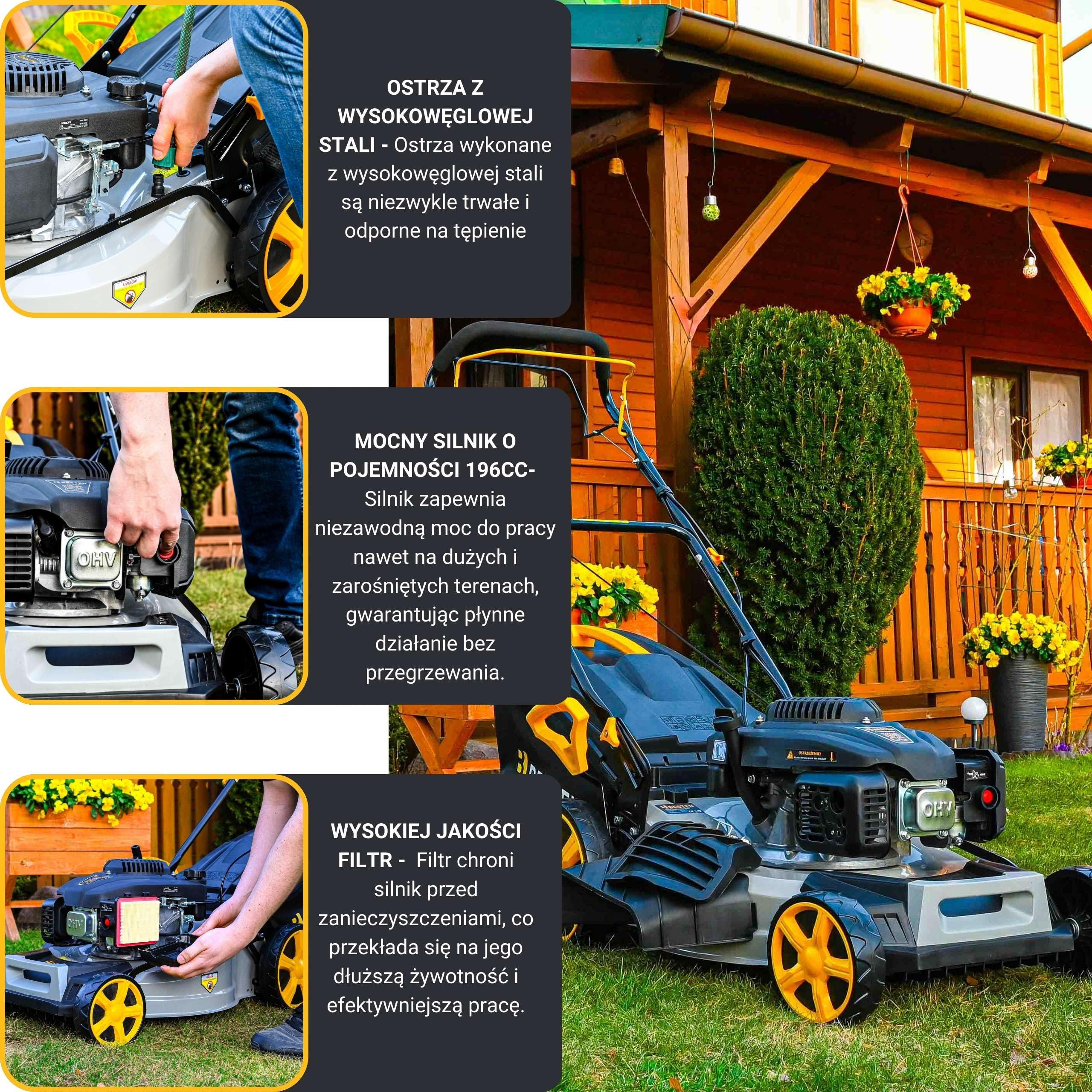 BESTEN Kosiarka Spalinowa z Napędem 196CC, Szerokośc Cięcia 51cm, Kosiarka Ogrodowa z Funkcją Bocznego Wyrzutu i Mocnym Zderzakiem, 8-Stopniowa Regulacja Wykości Koszenia, Kosz 62L,