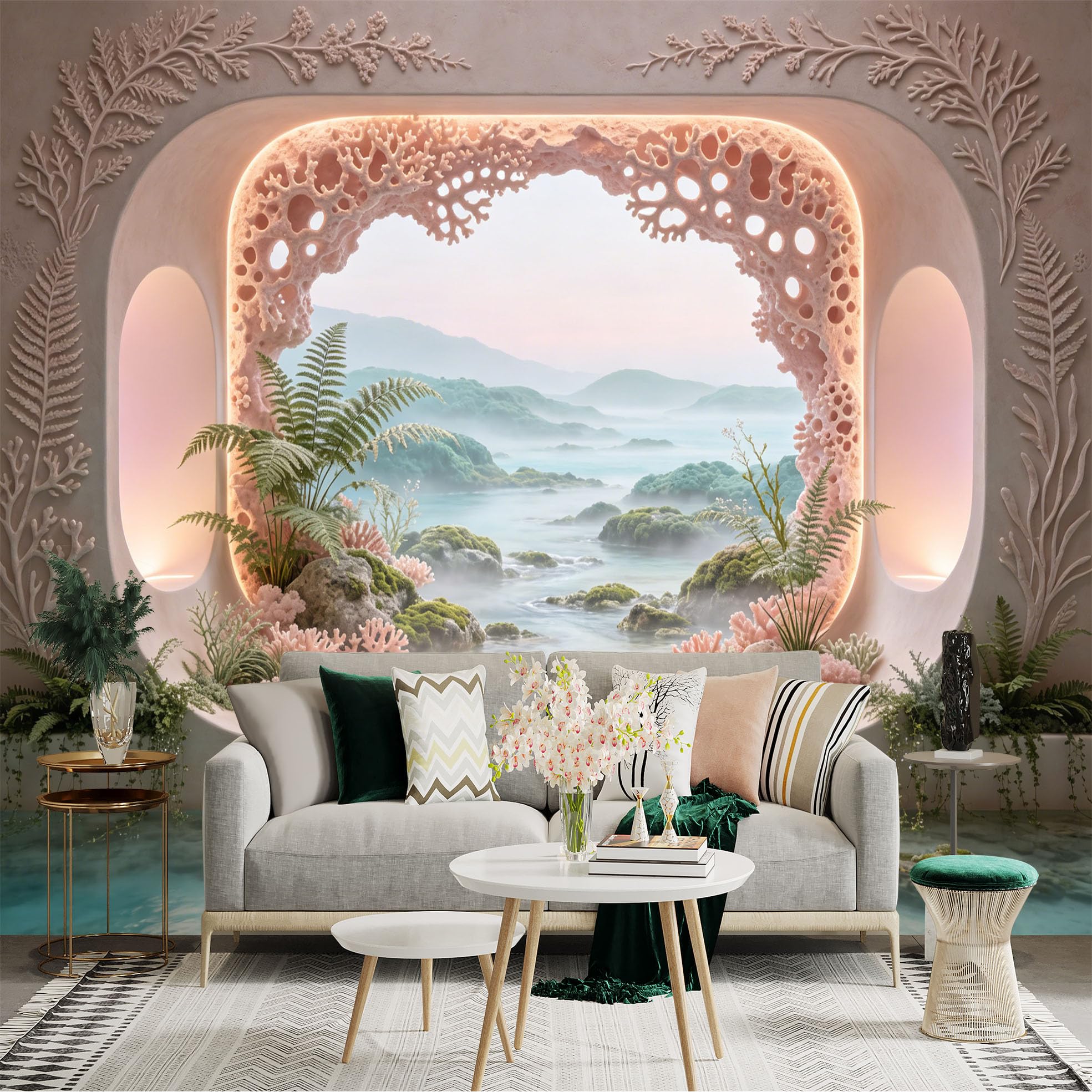 Custom Size Wall Sticker Mural， Dreamy Ocean Window with Coral， Ferns and Misty Mountains， for wall Decoration， peelandstick wall Decals.
