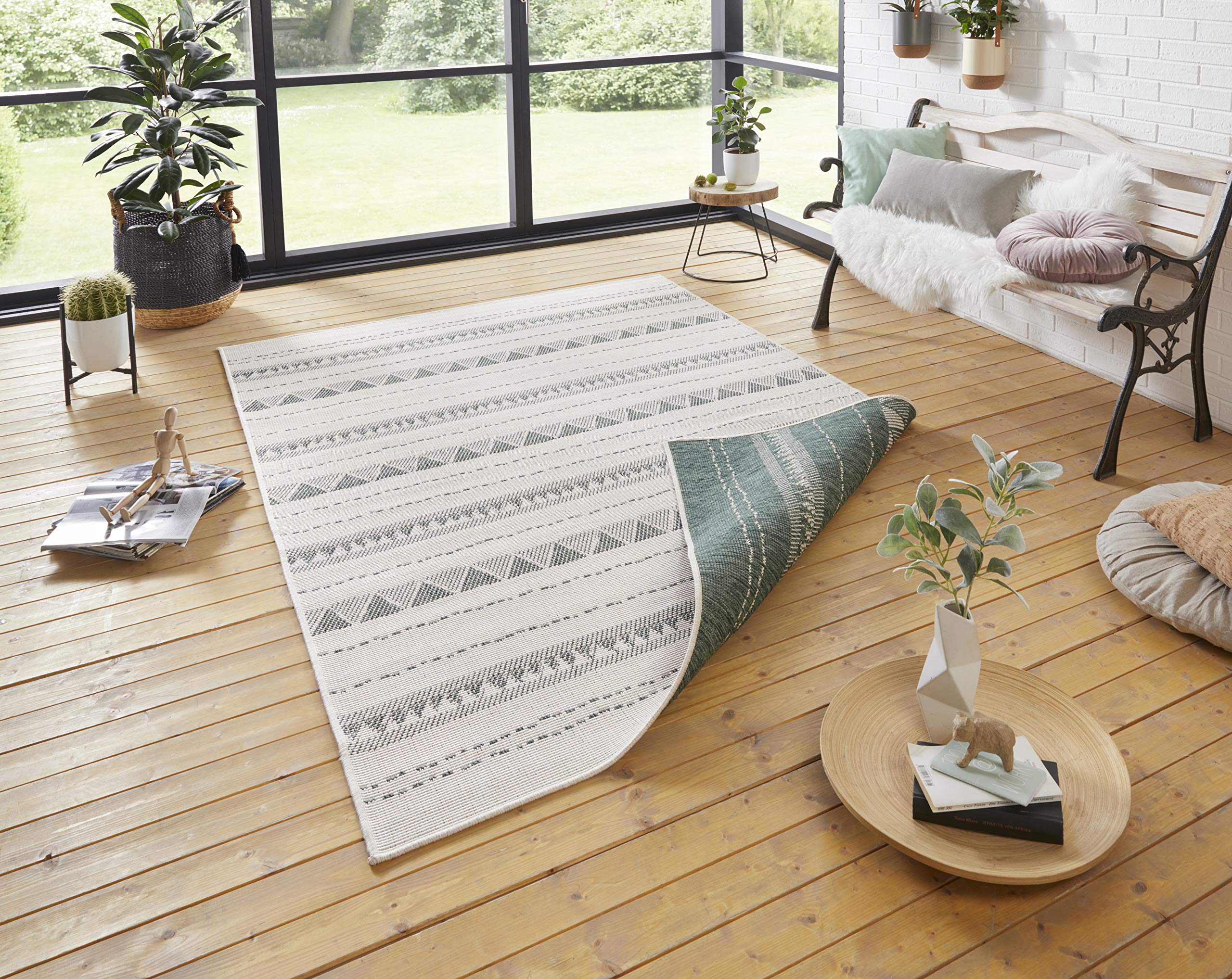 NORTHRUGS Indoor and Outdoor Rug Bahamas 80 x 150 cm Reversible Rug Weatherproof Boho Design Ethnic Pattern Runner for Balcony Patio Garden Conservatory Living Room Waterproof in Green Cream - Image 2