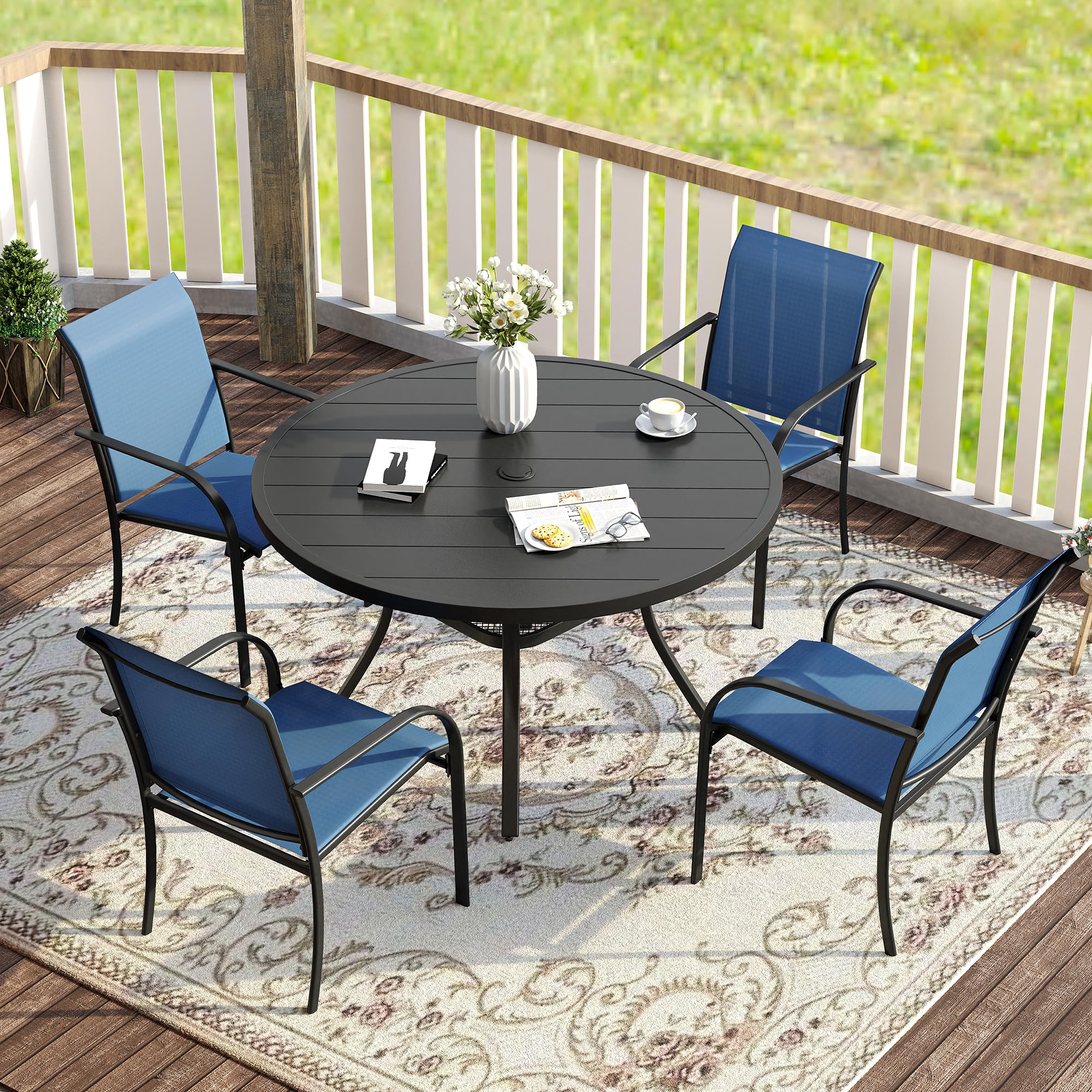 VICLLAX 5 Pieces Patio Dining Set for 4, Outdoor Furniture Set Includes 40.7" Round Patio Table and 4 Patio Stackable Chairs, Black Tabletop and Blue Fabric