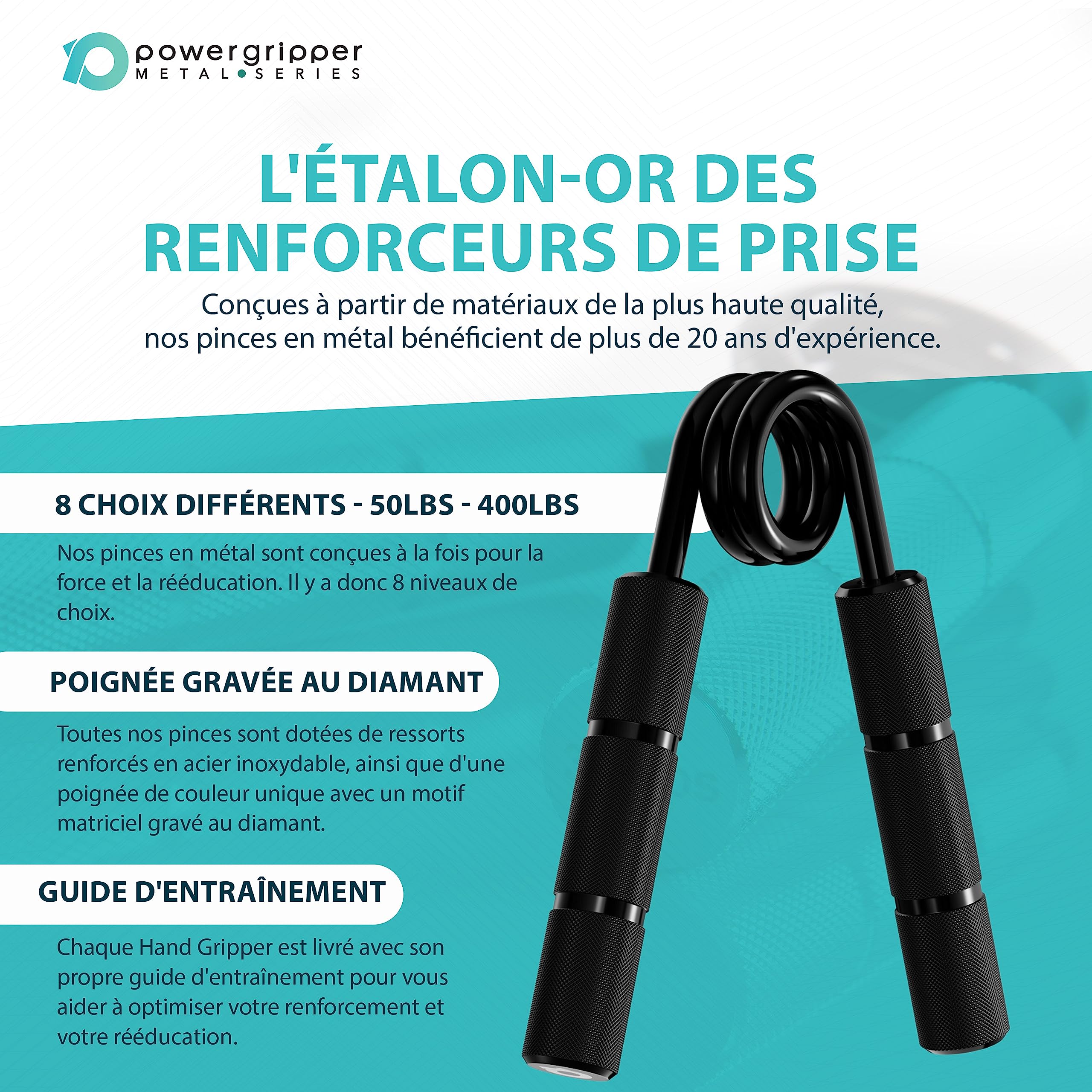 Power Gripper Metal Series - Renforceurs de poignées Professionnels - (50lbs - 400lbs) pour l'entraînement des poignées, des Poignets et des Bras