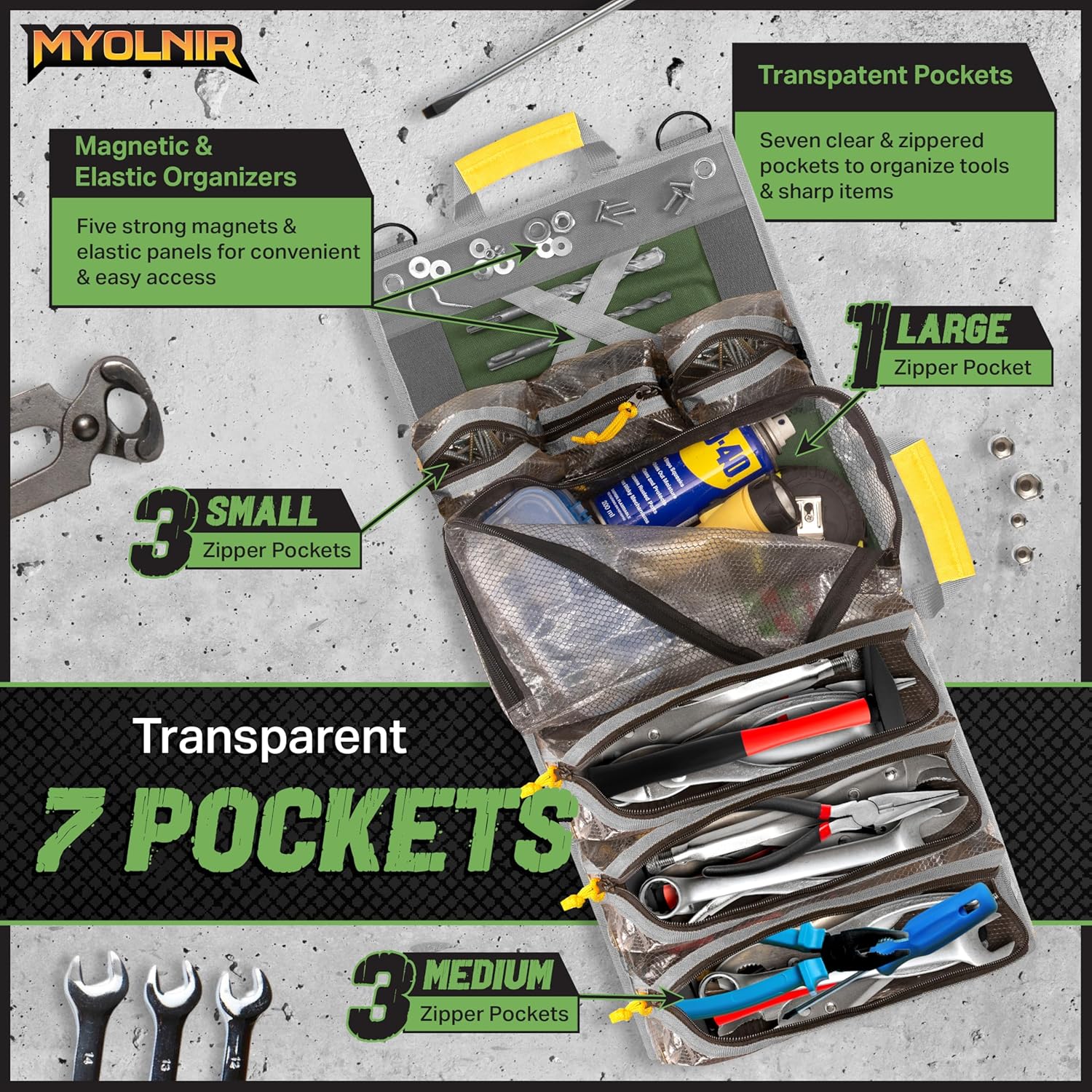 Roll Up Tool Bag Organizer With Kickstand - Compact Heavy Duty Motorcycle Tool Roll Bag Organizer - Portable Rollup Toolbag With Magnetic Panels & Transparent Pockets - Mechanic & Electrician - Image 3