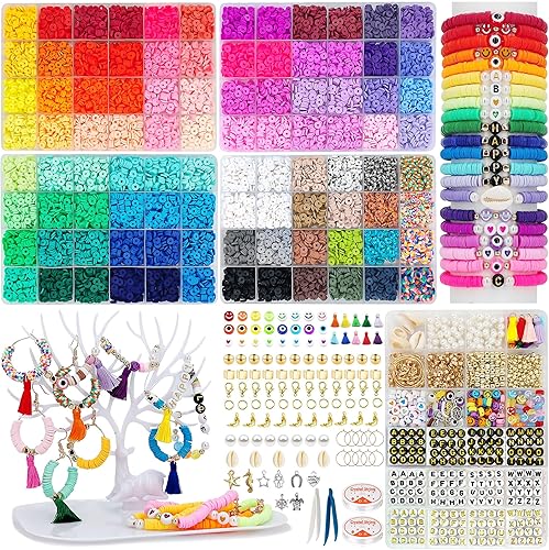 MIIIM Kit de pulsera de cuentas de arcilla de 15600 piezas con torre de árbol de joyería, kit de 5 cajas de pulsera de amistad, cuentas de arcilla