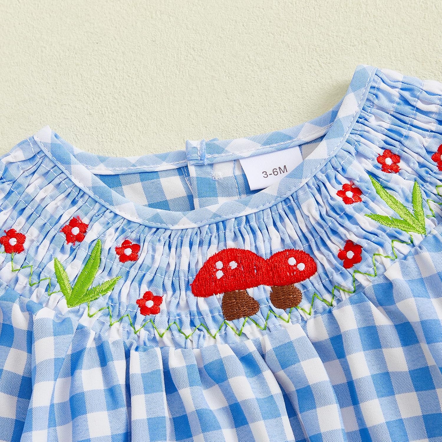Infant Girls Smocked Mushroom Romper Long Sleeve Embroidery Flower Gingham Bodysuit Tops Newborn Baby Fall Clothes - Image 5