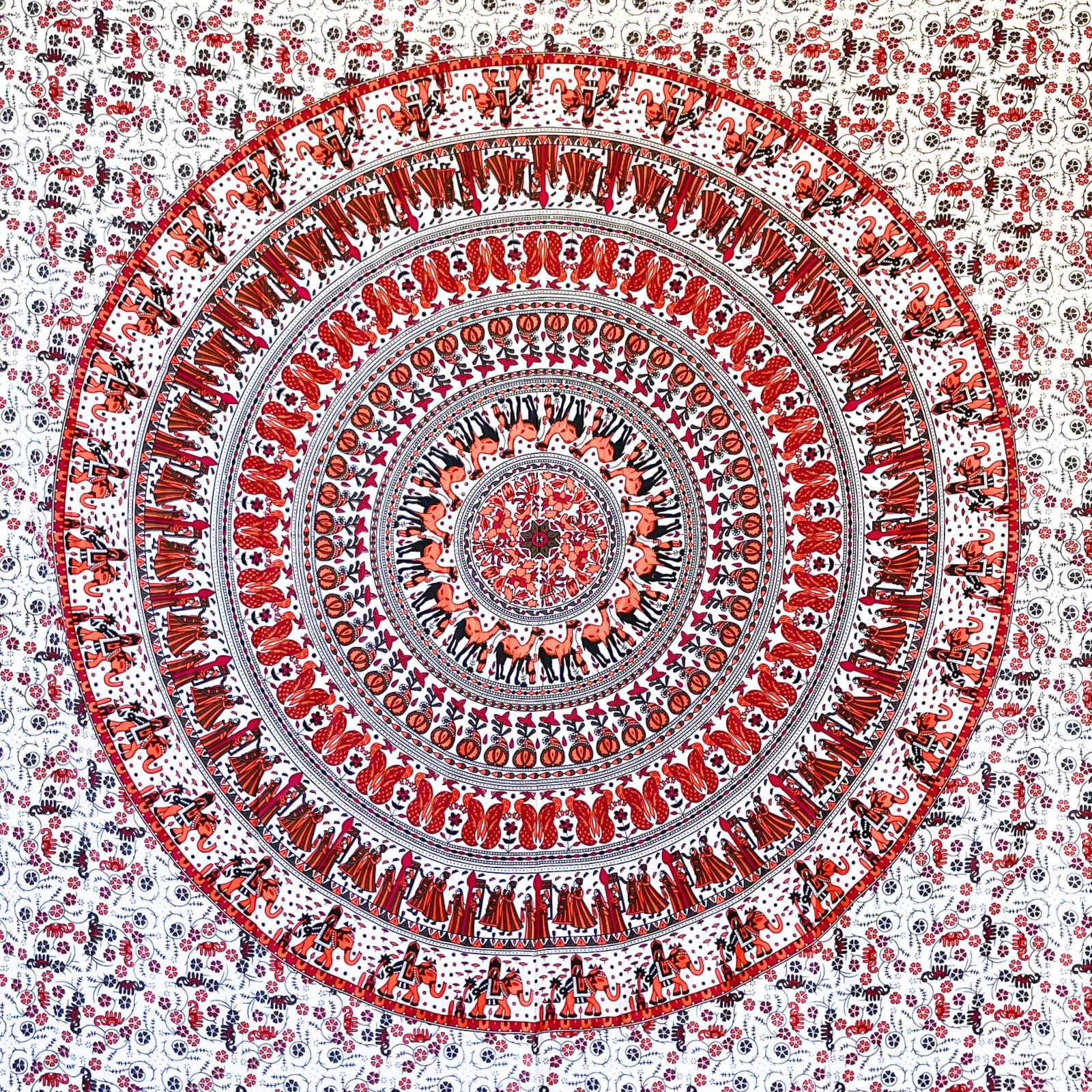 MOMOMUS Mandala Tapestry Wall Hanging - 100% Cotton Indian Art - Tapestry for Bedroom Aesthetic, and Wall Tapestry Hanging - White-Orange 210x230cm