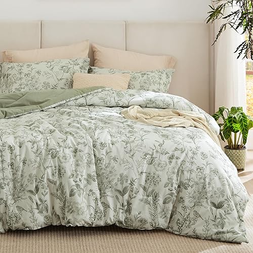 Bedsure Floral Comforter Set Queen Size - 100% Cotton Fabric with Microfiber Inner Fill, Sage Green Bedding Comforter Set, 3 Pieces, 1 Soft Reversible Botanical Flower Comforter and 2 Pillow Shams