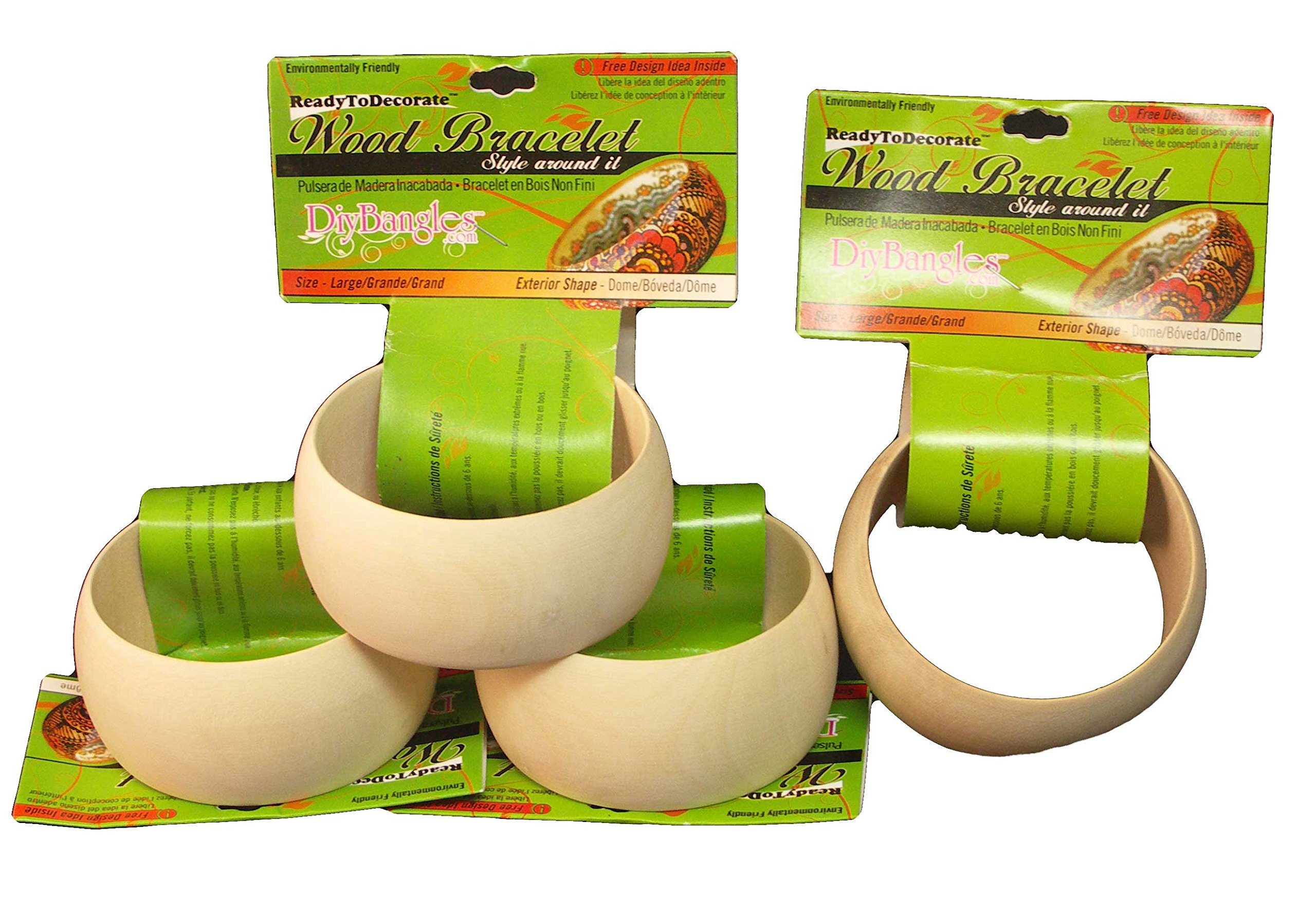 4 Pack, Wood Bangle Bracelet, Dome Exterior, 1.50" Wide, Large Size, ReadyToDecorate (R)