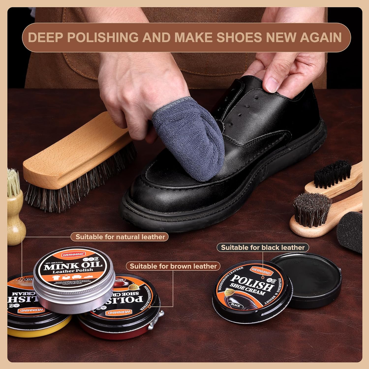 Black Shoe Polish Kit Brown Neutral White Mink Oil Leather Boot Shoe Shine Kit Conditioner Care Cream Clearner Set