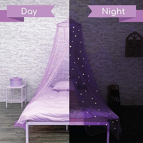 Miniatura 5 de Bollepo Toldo de cama rosa y morado para niñas con estrellas brillantes – Decoración de habitación de red de cuna de princesa | Cortinas de cama