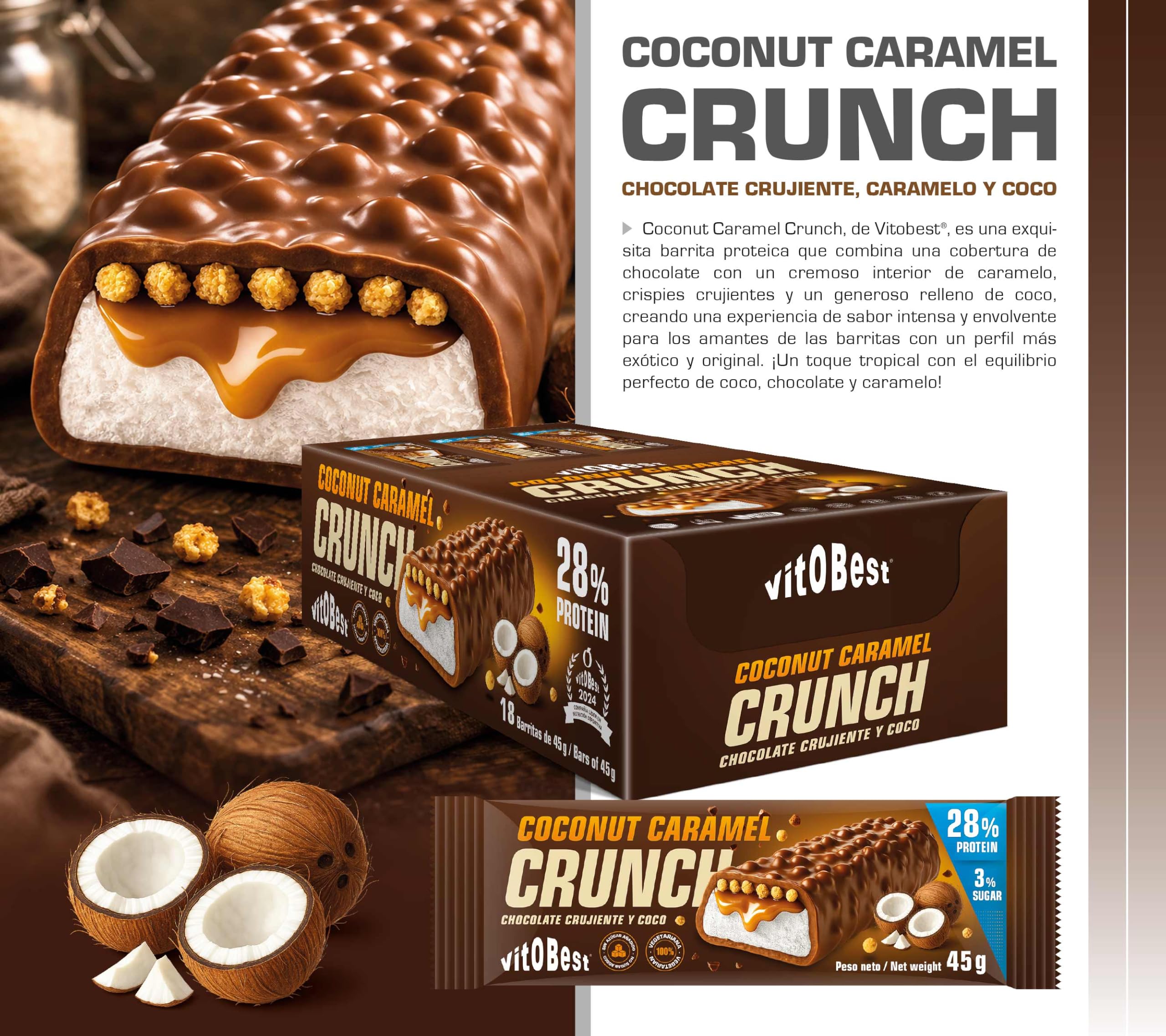 VITOBEST | Barritas Coconut Caramel Crunch | 28% de proteína con delicioso sabor y textura, Sin azúcares añadidos | Sabor Chocolate crujiente, Caramelo y Coco - 24 barritas x (45 g)