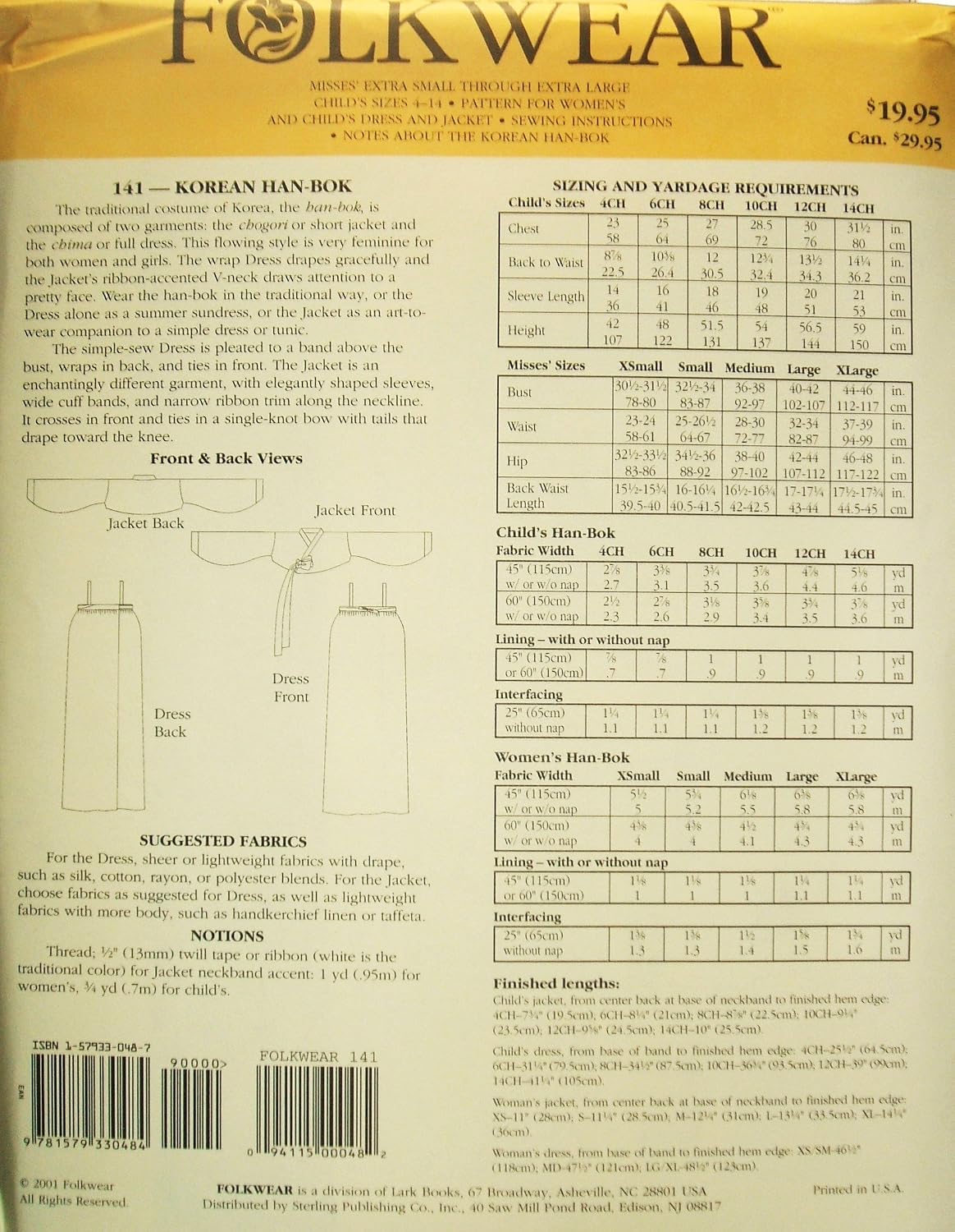 Folkwear #141 Korean Han-Bok Traditional Chogori Chima Sewing Costume Pattern