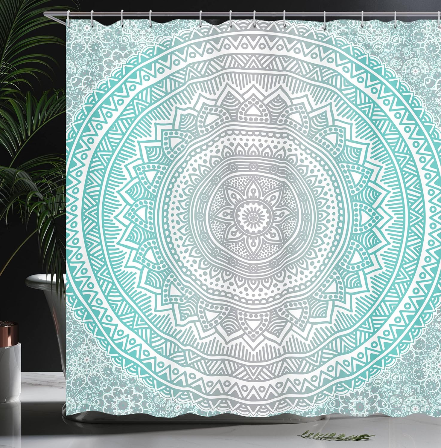 Ambesonne Grey and Aqua Shower Curtain, Ombre Traditional Universe with Tribal Geometric Mandala Art, Cloth Fabric Bathroom Decor Set with Hooks, 69" W x 70" L, Aqua Grey