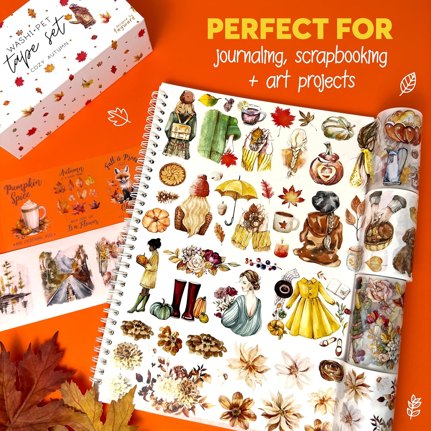 Fayware Pre-Cut Fall Washi Tapes & PET Tapes for Journaling, Scrapbooking & Crafting. Now Pre-Cut - Use as Fall Stickers in Your Junk Journals, Planners, or Crafts