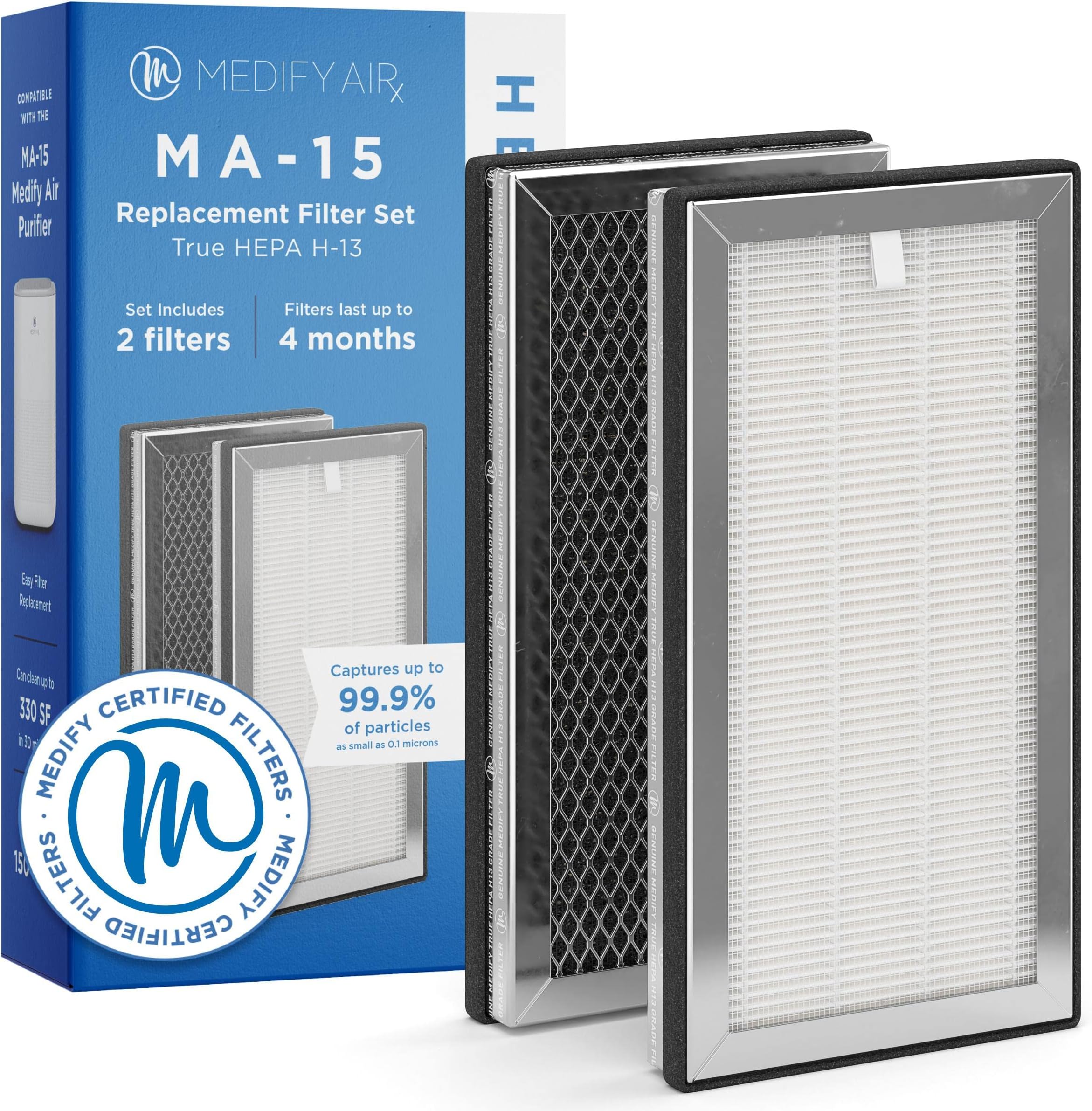 - Medify MA-15 Genuine Replacement Filter Set for Allergens, Smoke, Wildfires, Dust, Odors, Pollen, Pet Dander | 3 in 1 with Pre-filter, True HEPA H13 and Activated Carbon for 99.9% Removal | 1-Pack