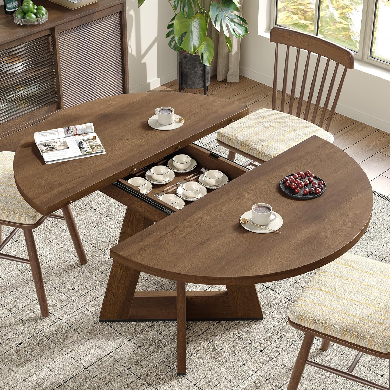 Extendable Round Dining Table for 4-8,Modern Kitchen Oval Dining Table with Removable Leaves Space Saving,Wood Base for Kitchen Living Room (Walnut)