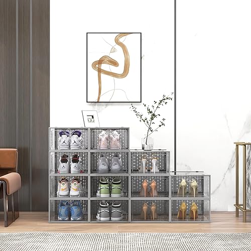 Miniatura 7 de Pinkpum Caja de almacenamiento de zapatos XXL para talla 14, organizador de zapatos apilable de plástico transparente para armario, paquete de 12,