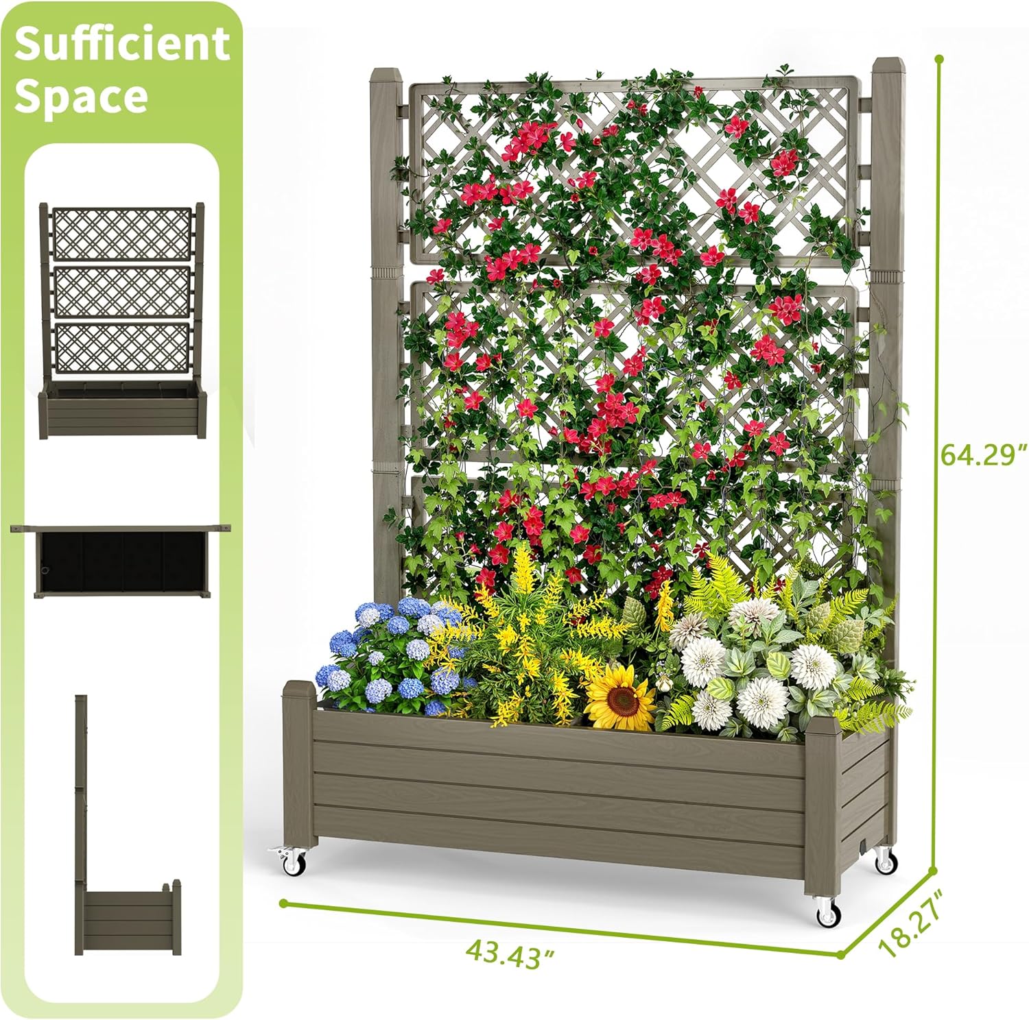 PatioZen Raised Garden Bed with Trellis, 21 Gallon Self Watering Planter Box with Lockable Wheels & Drainage Holes for Climbing Plants Vegetables Flowers, Anti-Rust Resin for Backyard Patio (Grey)