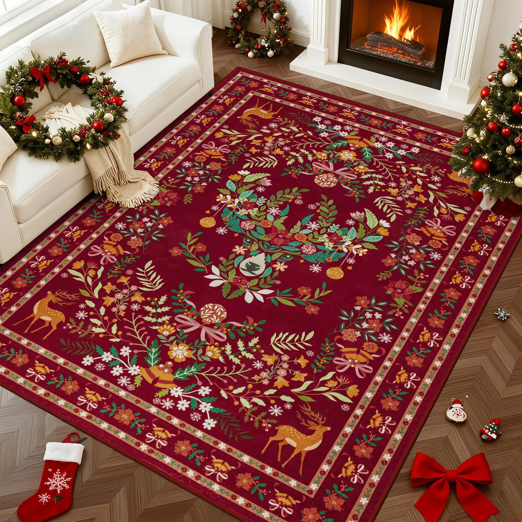Photo 1 of 9x12 Area Rugs Living Room Rug: Christmas Washable Rug Floral Soft Carpet Indoor Floor Non-Slip Boho Stain Resistant Large Carpets for Bedroom Kids Nursery Dining Room Farmhouse Home Office Red