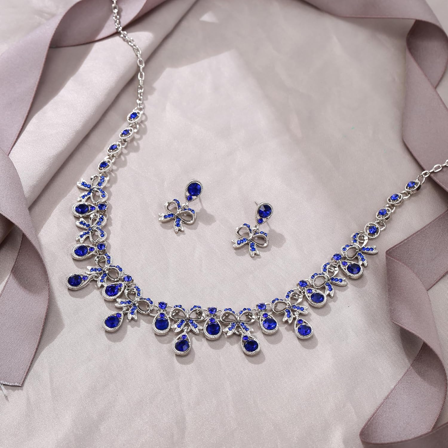 EVER FAITH Austrian Crystal Bridal Bow Jewelry Sets, Rhinestone Costume Prom Wedding Party Bowknot Teardorp Necklace Dangle Earrings Set for Women