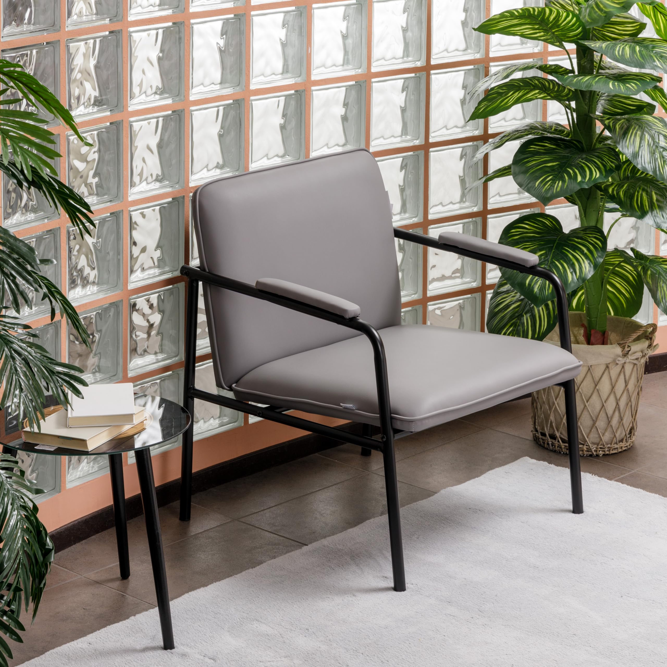Baroni Home Sillón de Piel Sintética con Estructura de Hierro Diseño Vintage, Asiento Relax para Salón, Dormitorio, Oficina, 78x59x64 cm (Gris)
