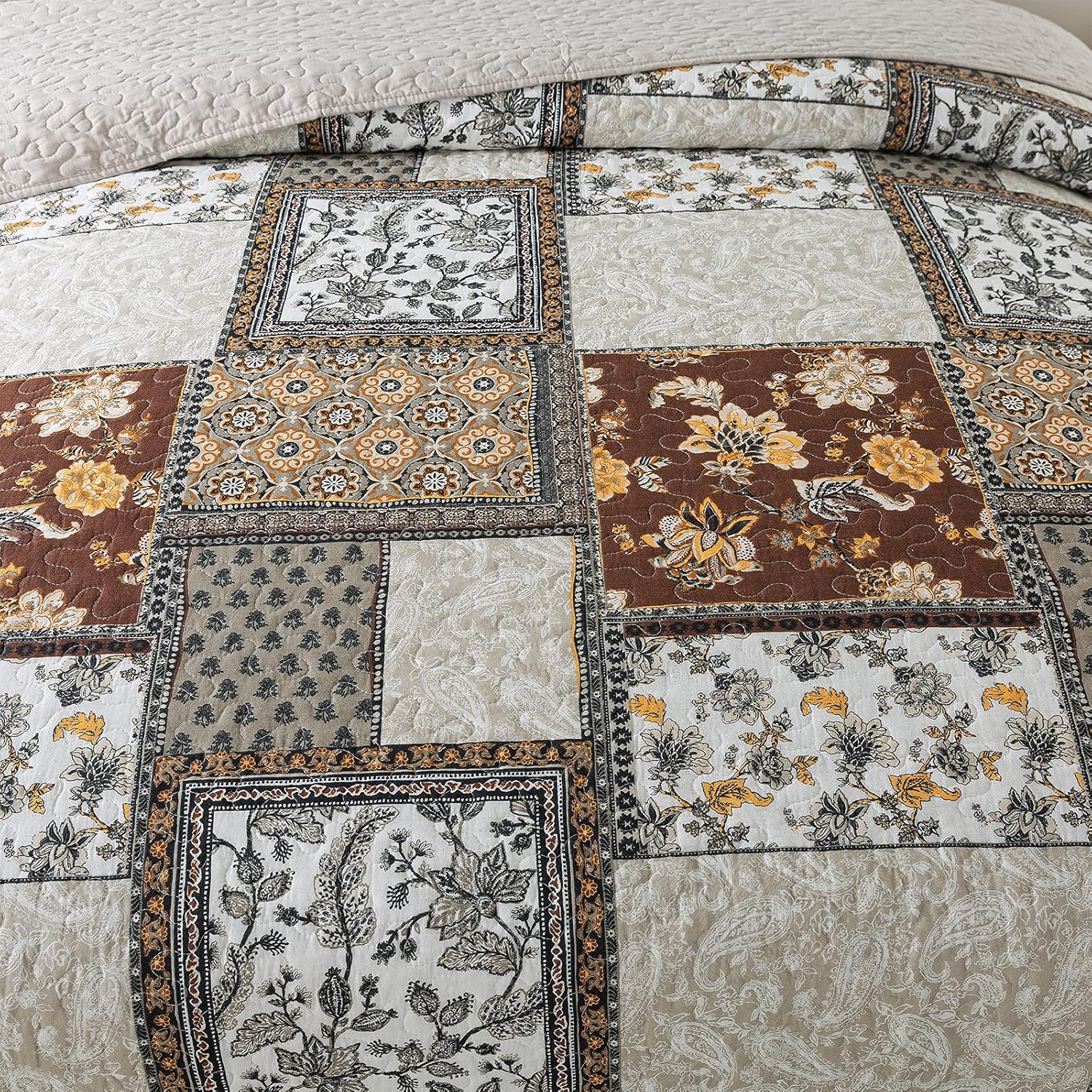 NEWLAKE Cotton Bedspread Quilt Sets-Reversible Patchwork Coverlet Set, Chic Floral Paisley Pattern, Queen Size