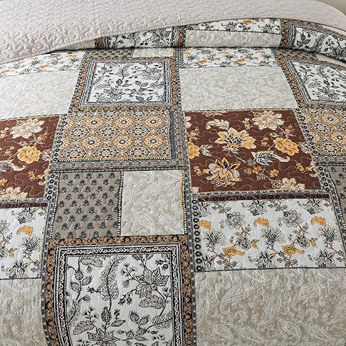 Vista 42 de NEWLAKE - Juego de colcha de algodón - Juego de cubrecama reversible con diseño de patchwork, patrón bohemio clásico - King, morado Púrpura Clásico