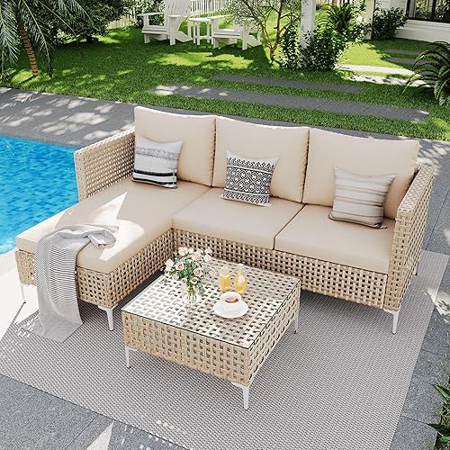 Juego de muebles de patio, sofá al aire libre con mesa de café de cristal y cojín grueso, juego de sofá chaise longue de mimbre, juego de