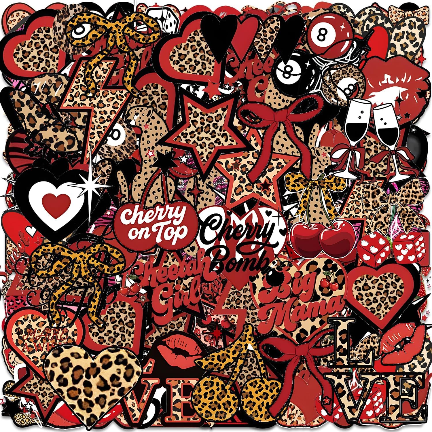 120PCS Cheetah Cherry Stickers Hot Pink Stars Trashy Y2K Leopard Print Downtown Girl Aesthetic Stickers