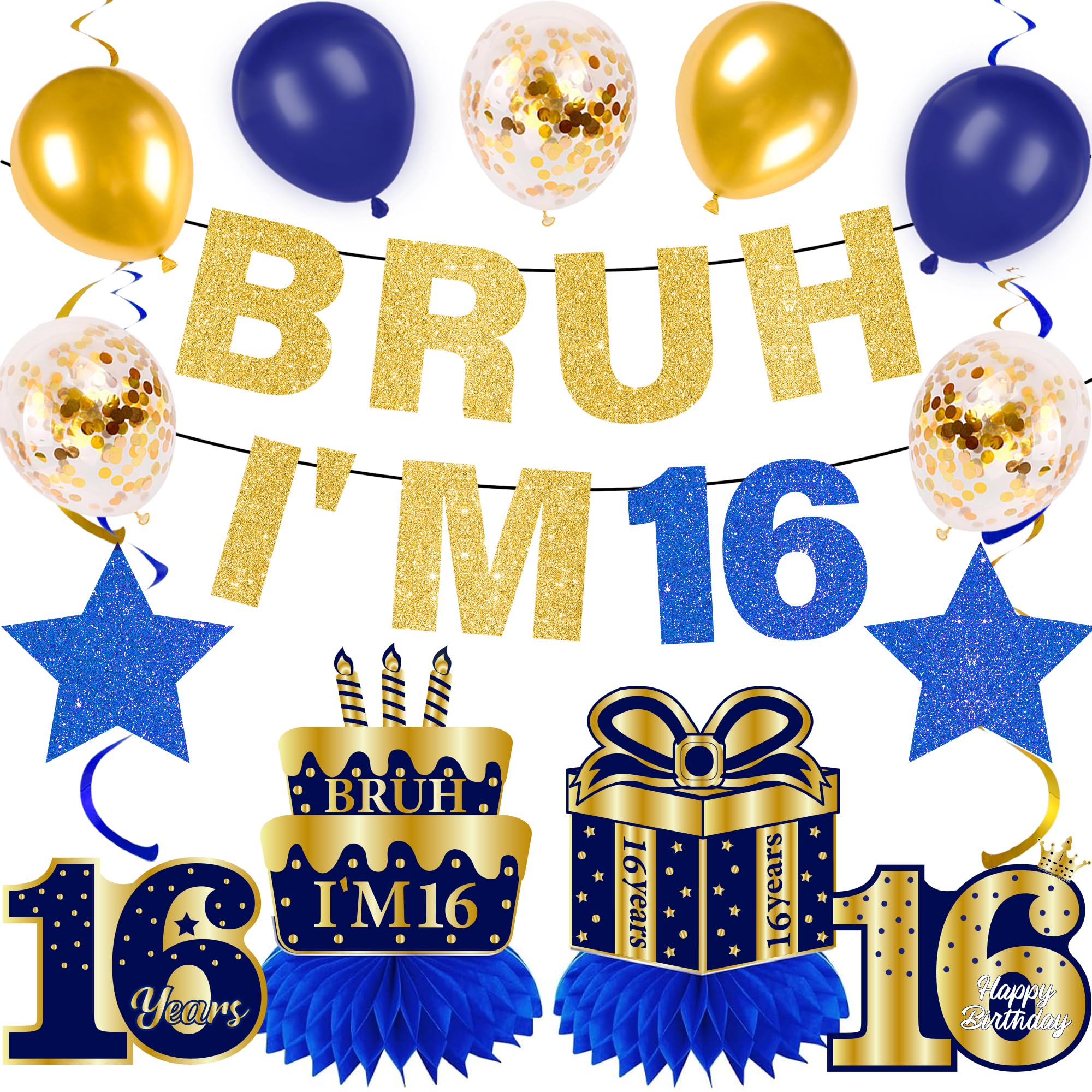 16th Birthday Decorations Balloon Boy - 15 Pcs Blue Gold Glitter Bruh I'm 16 Banners Hanging Swirls Honeycomb Table Decoration Balloons for Boys Sweet 16 Birthday Party Decor Supplies