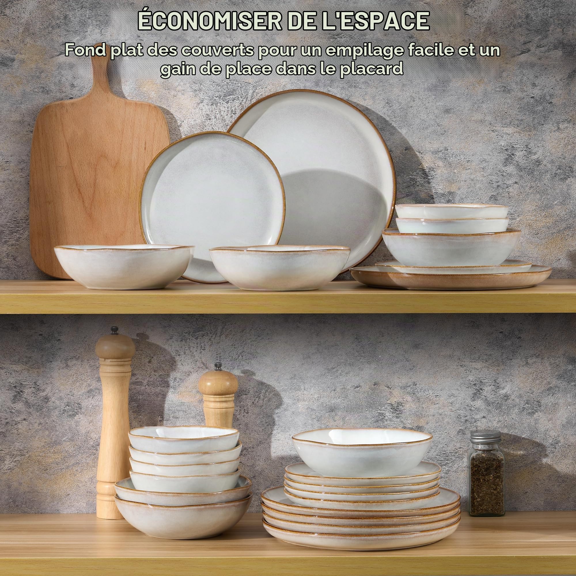 Joyfair Service de table 6 personnes, set de 24 pièces en grès, vaisselle ronde irrégulière avec assiettes, assiettes à dessert, bols à céréales, résistants au micro-ondes et au lave-vaisselle, blanc