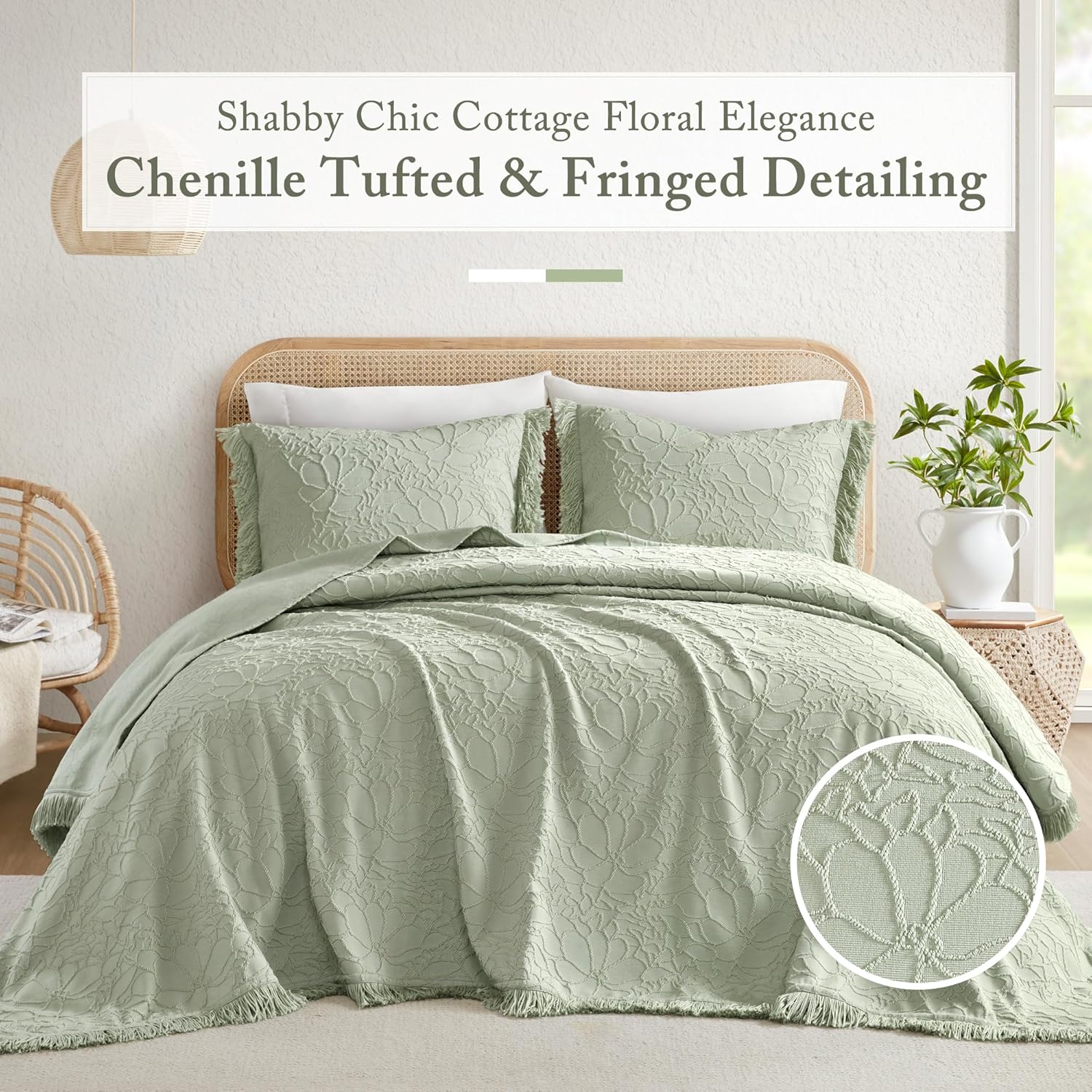 Madison Park Queen Bedspread Oversized Chenille Floral Bespread with Fringes, Bedding Set Cozy Quilt, All Season Lightweight Soft Bedspread, Willow, Queen Sage 3 Piece