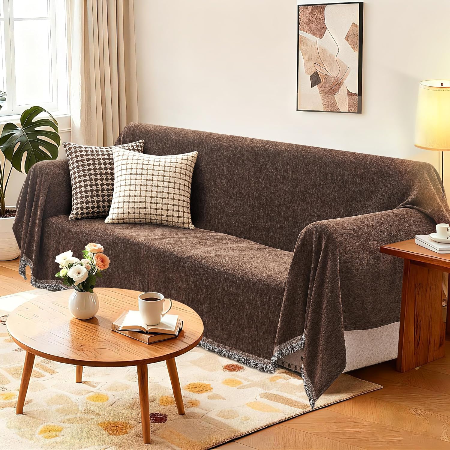 U-NICE HOME Chenille Couch Cover L Shaped Sectional Sofa Cover - Universal Fit for Most Couch, Easy to Install, Washable, Pet Friendly, Soft Thick Slipcover 71" x 134", Chocolate