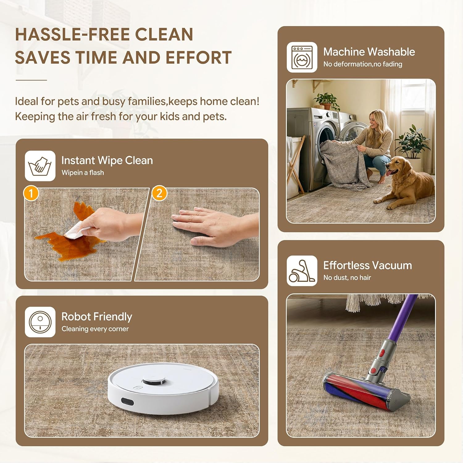 HUGEAR Retro 2x8 Washable Runner Rugs Brown Hallway Bedroom Kitchen Throw Carpet Vintage Distressed Neutral Stain Resistant Non Slip & Shedding Low Pile for Home Aesthetic Decor - Image 6