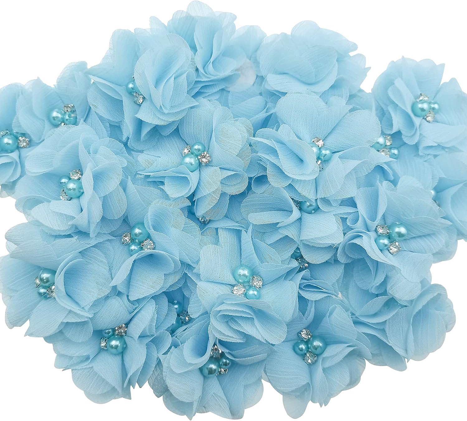 30 PCS Rhinestone Pearl White Chiffon Flower Sewing Fabric Appliques for Clothing, Headbands Flower, Crafts, Party Decoration, Sewing Applique