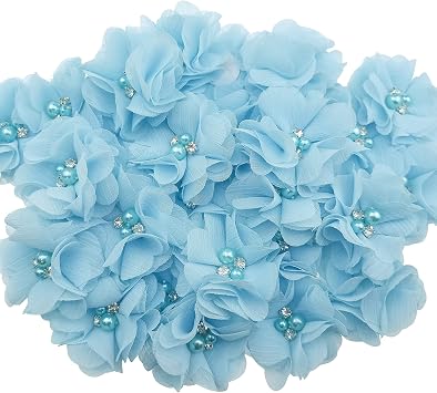 30 PCS Rhinestone Pearl Blue Chiffon Flower Sewing Fabric Appliques for Clothing, Headbands Flower, Crafts, Party Decoration, Sewing Applique