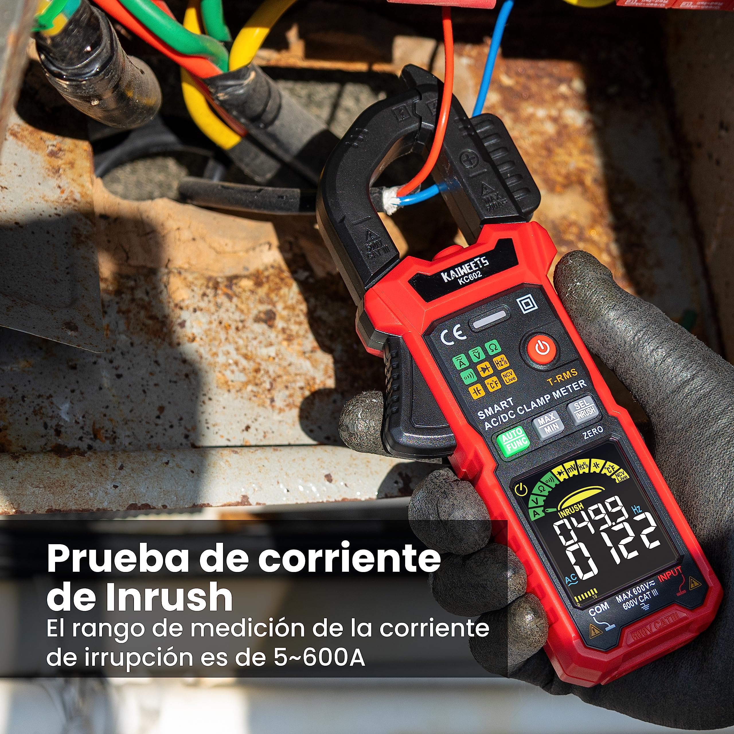 KAIWEETS Digital Pinza Amperimétrica Inteligente,Pinza de corriente profesional, Medición de corriente AC/DC tensión temperatura NCV Inrush, KC602