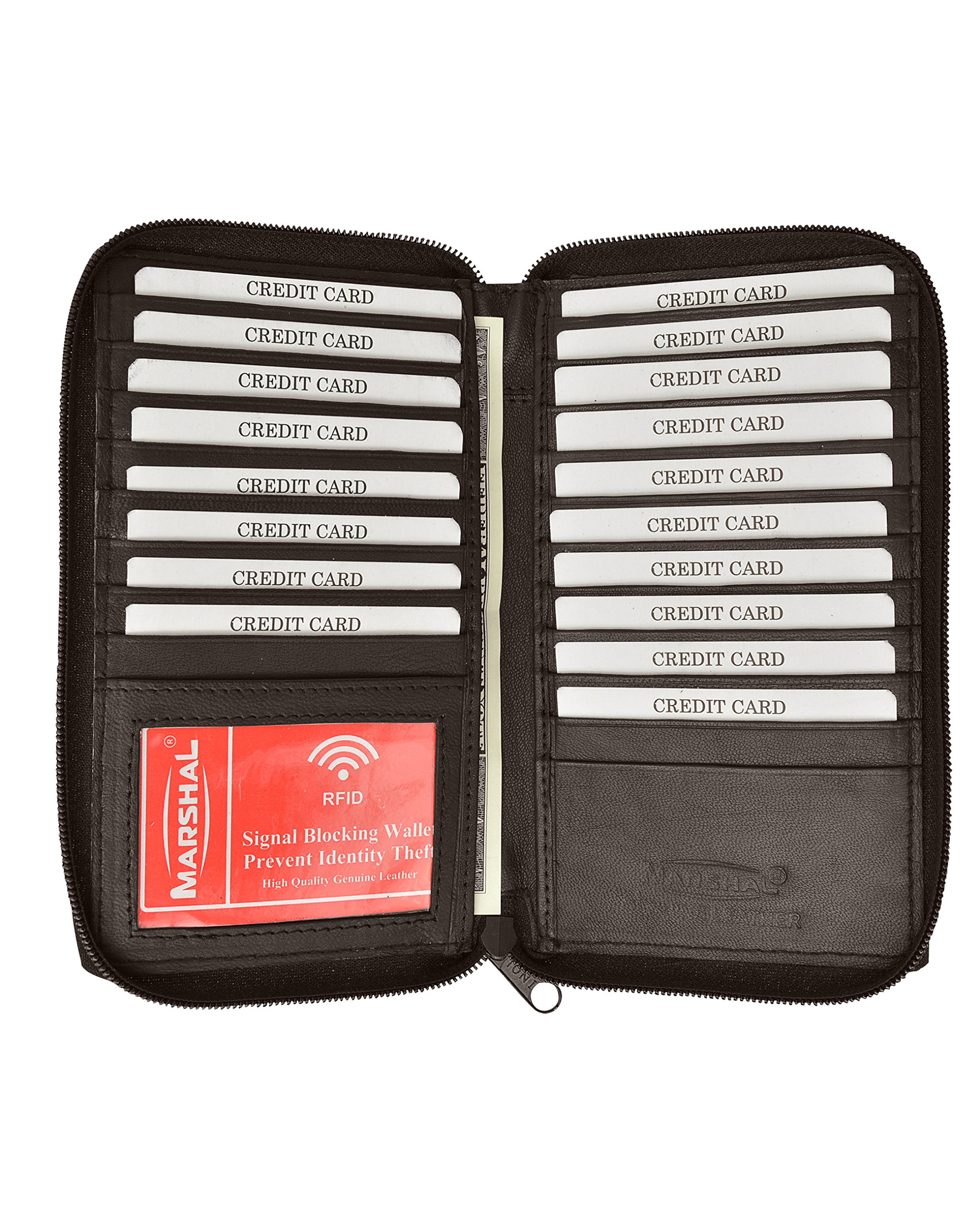 Marshal Men's Brown Rfid Premium Soft Leather Zipper Wallet Business & Credit Card Case Holder Bifold