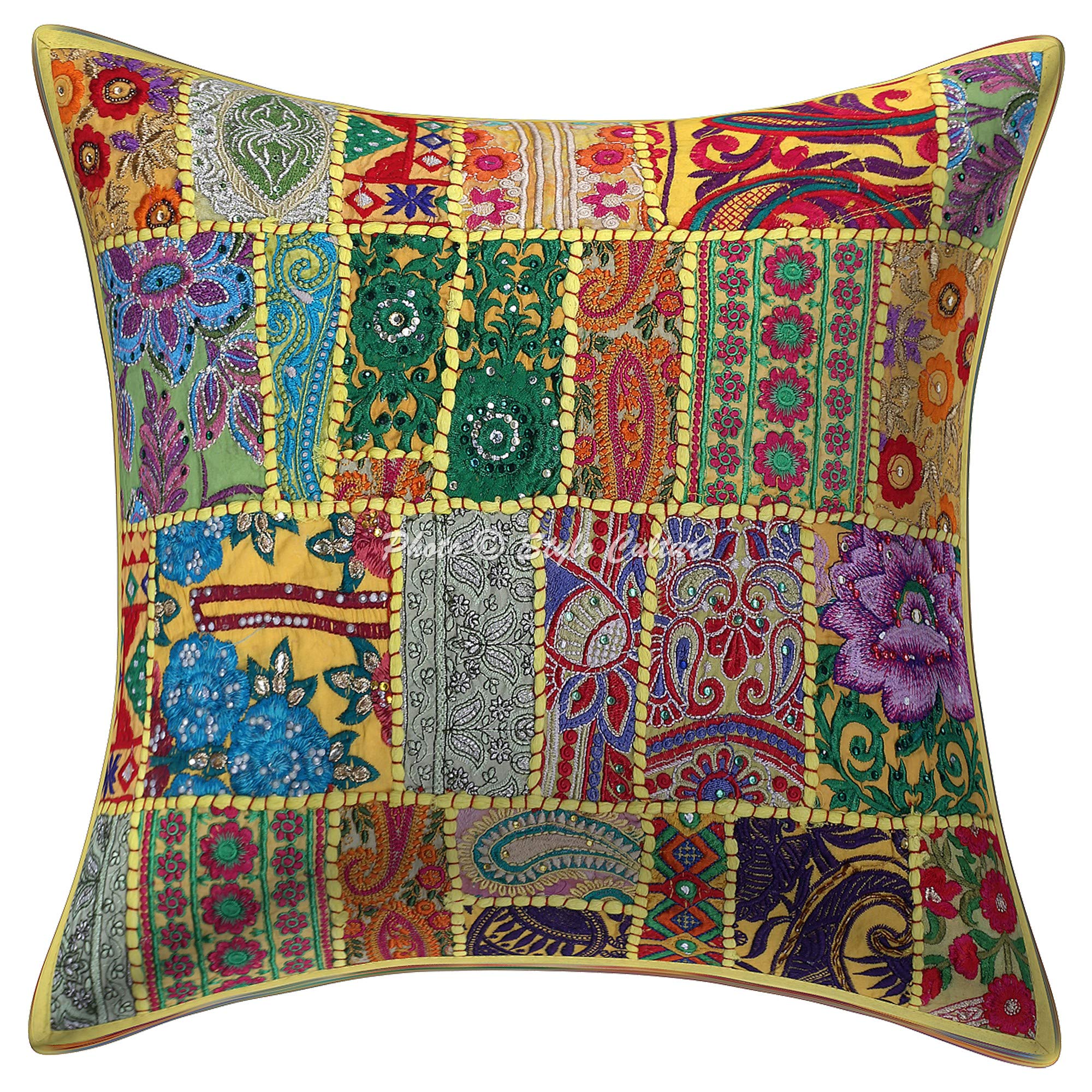 Ethnisch Dekorativ Baumwolle Sofa Kissenbezüge 45x45 cm Zitronengelb Dekokissen Vintage Patchwork Wohnzimmer Couch Kissenhullen Abstrakt Quadrat Umschlagverschluss Kissen Bezüge - 5 Stk.