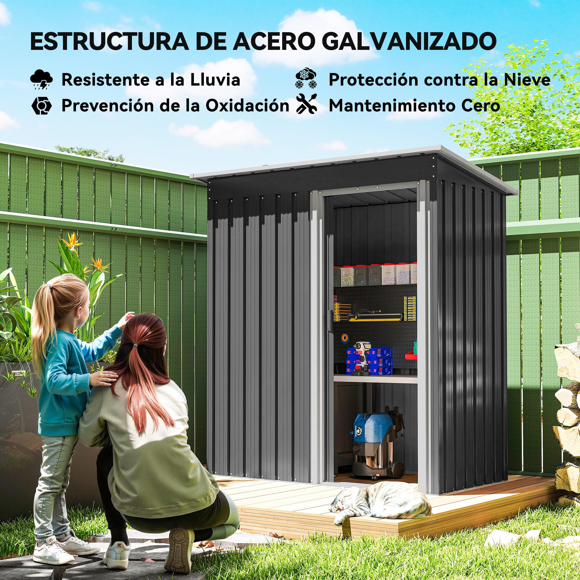 Outsunny Caseta de Jardín Exterior, 1,16 m², 163x89x182 cm, Cobertizo de Jardín Exterior Metálico con Puerta Corredera y Techo Inclinado, para Almacenamiento de Herramientas, Negro