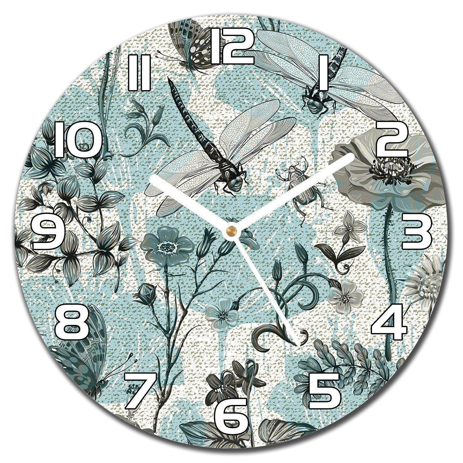 Horloge murale en verre salon nature beige 30 cm motif insectes botaniques
