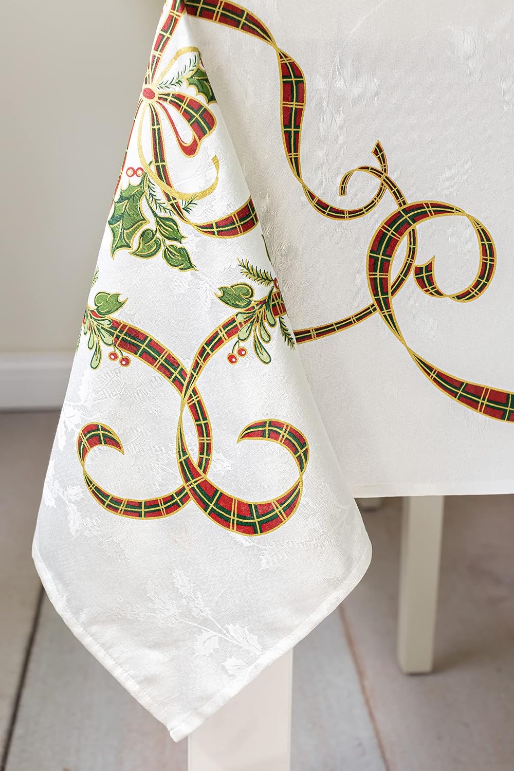 Benson Mills Merry Ribbons Engineered Printed Jacquard Fabric Christmas Table Cloth, Elegant Christmas Tablecloth for All Holiday and Winter (60" x 84" Rectangular)