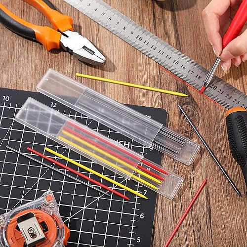 Miniatura 6 de Hiboom Paquete de 3 lápices de carpintero sólido con 21 repuestos, marcador mecánico de punta larga con afilador integrado para carpintero, patente